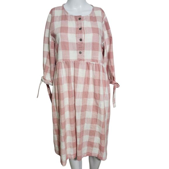 Hidden Alley Pink White Plaid Cottagecore Prairie Dress Short Tie Sleeve Maxi - Picture 2 of 10